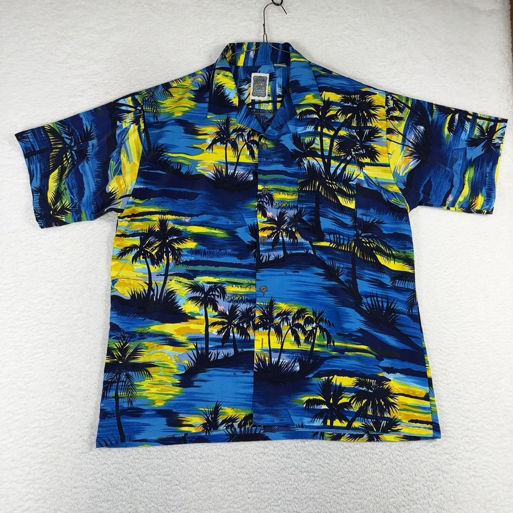 Ocean Current Vintage Hawaiian Men L Blue Shirt Palms Sunset Aloha Button Up